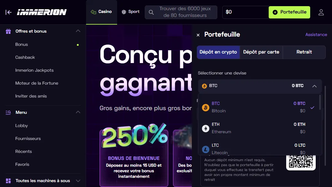 Portefeuille Immerion Casino avec options de dépôt crypto