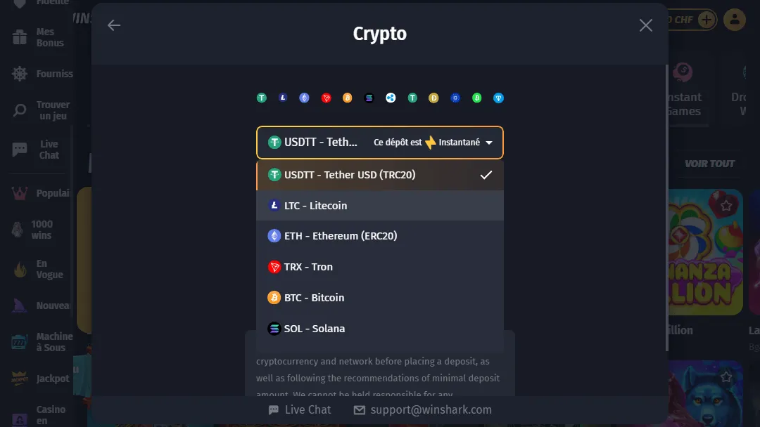 Sélection des cryptomonnaies pour dépôt instantané sur WinShark Casino